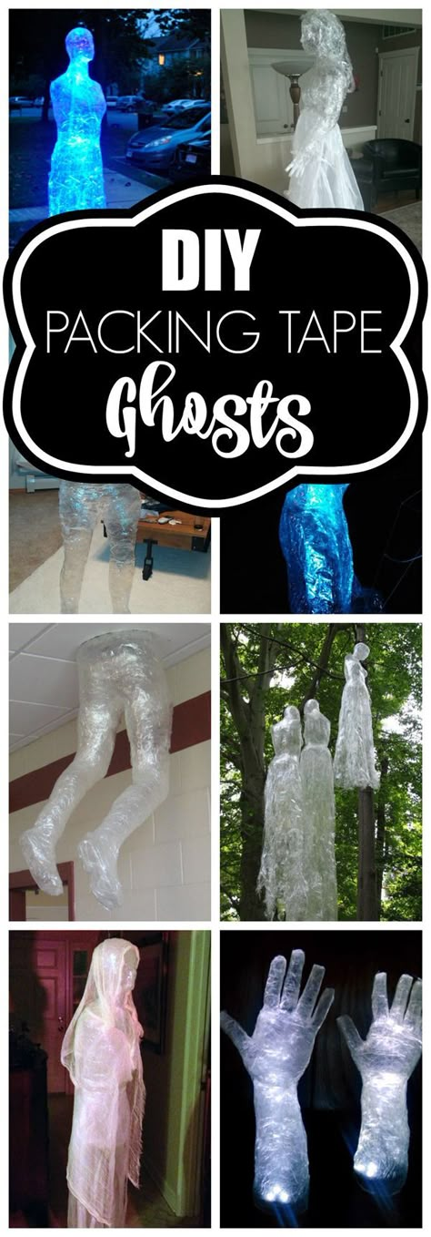 9 DIY Packing Tape Ghost Ideas via Pretty My Party Packing Tape Ghost, Tape Ghost, Ghost Ideas, Diy Halloween Dekoration, Fun Diy Halloween Decorations, Uhyggelig Halloween, Halloween Decor Diy, Hallowen Ideas, Casa Halloween