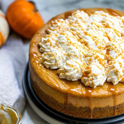 Check out Pumpkin Caramel Cheesecake recipe and more from Sur La Table! Pumpkin Caramel Cheesecake, Caramel Cheesecake Recipes, Pumpkin Cheesecake Recipes, Caramel Cheesecake, Pumpkin Caramel, Fall Cakes, Soften Cream Cheese, Thanksgiving Desserts, Pumpkin Dessert