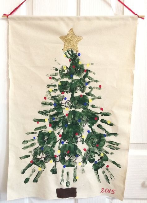 Handprint Christmas Towels, Christmas Tree With Handprints, Christmas Tree Hands, Hand Christmas Tree Craft For Kids, Christmas Tree Handprint Art, Christmas Tree Hand Print, Tree Handprint Craft, Hand Print Christmas Tree, Handprint Christmas Crafts