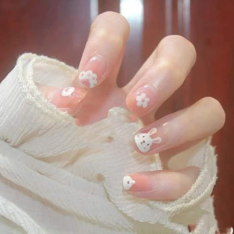 လက်သည်းဒီဇိုင်း Cute, Korean Nail Ideas, Cute Bunny Nails, Cute Korean Nail Designs, Nail Art White, Tulip Nails, Pink White Nails, Bunny Flower, Girls Nail Designs