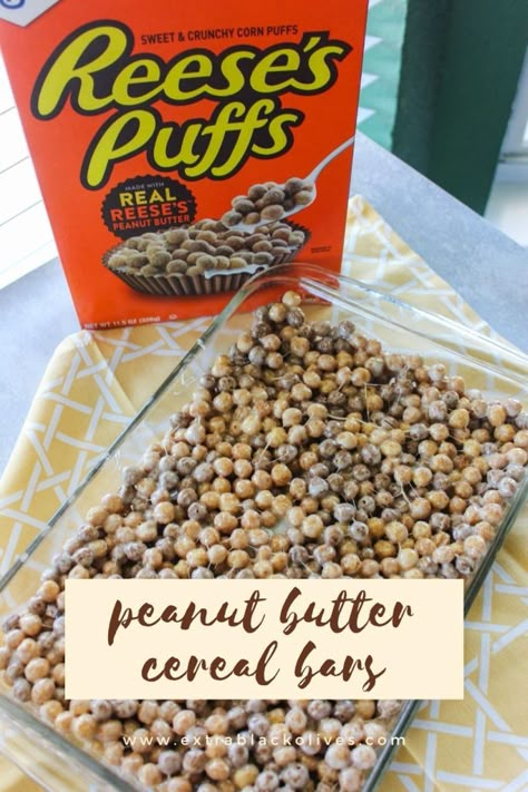 Peanut butter cereal bars - Extra Black Olives Reese’s Cereal Bars, Reeses Cereal Recipes, Reeses Cereal Bars, Reese Cereal Bars, Peanut Butter Krispie Treats, Peanut Butter Crispy Treats, Peanut Butter Cereal Bars, Peanut Butter Cereal, Cereal Bars Recipes