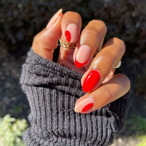 Fresh Red Nails, Classic Almond Nail Design, Minimalist Fourth Of July Nails, Summer Red Nails Designs, Cool Almond Nails, Red Cute Nails, Red French Tip Nails Almond, Fun Red Nails, Fun French Tip Nails