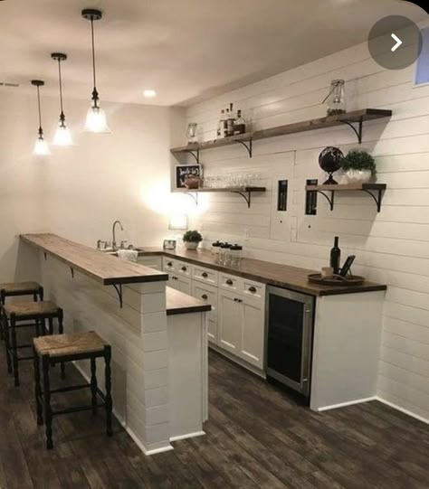 Basement Kitchen No Window, Modern Farmhouse Bar Area, Small Basement Ceiling Ideas, Small Basement Kitchen With Island, Bonus Room Kitchenette, Shop Kitchenette, Farmhouse Basement Bar Ideas, Small Kitchen Bar Ideas, Basement Bar Design Ideas