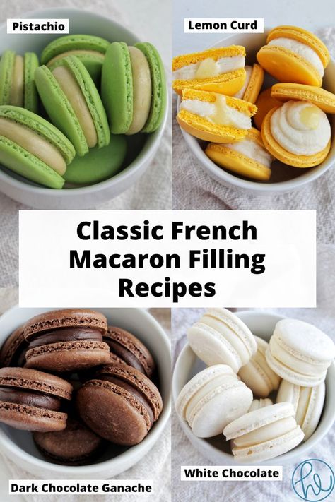 four types of macaron flavors. Maccarone Recipes, Macaron Filling Ideas, Vanilla Macaron Recipes, Macaron Fillings, Specialty Desserts, Buttercream Ganache, Shower Recipes, French Macaroon Recipes, Making Macarons