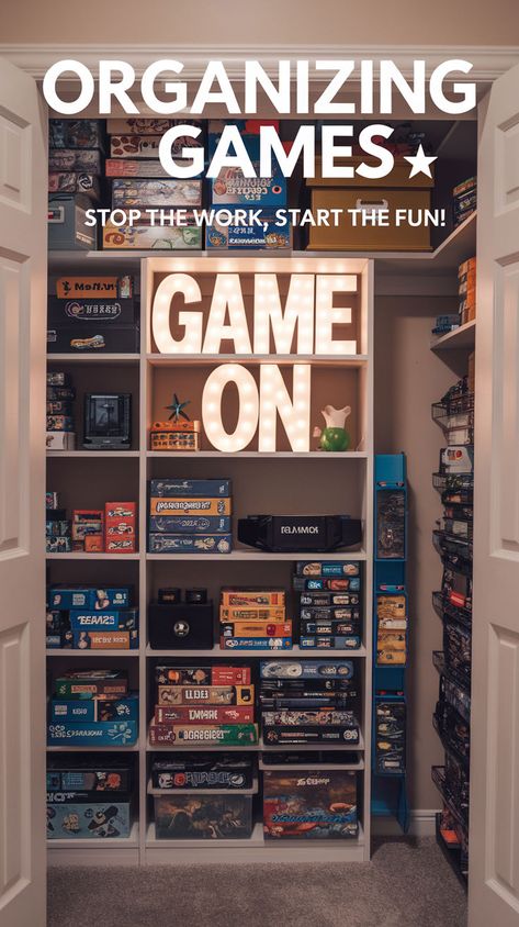 A pinterest pin with a photo of an organized game closet. The closet has shelves filled with board games, video games, and gaming consoles. There are also decorative items, such as a light-up sign that says "Game On". The background is a beige wall. The photo has a soft lighting. The title is "Organizing games" and the subtitle is "stop the work, start the fun!". The text is bold and creative. Game Closet Organization, Organize Puzzles, Game Storage Ideas, Organizing Games, Toy Closet Organization, Organize Games, Game Closet, Toy Closet, Home Kitchen Organization