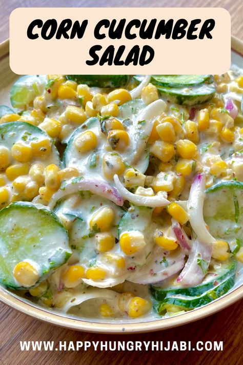 Make your bbqs even better with this corn cucumber salad! It's so fresh and light! #salad #recipes #easyrecipe #nocook #summerrecipes Corn Cucumber Avocado Salad, Cucumber And Bean Salad, Corn Cucumber Salad Recipe, Cucumber Corn Salad Recipes, Cucumber And Corn Salad, Corn Cucumber Salad, Cucumber Corn Salad, Corn And Cucumber Salad Recipe, Indian Cucumber Salad