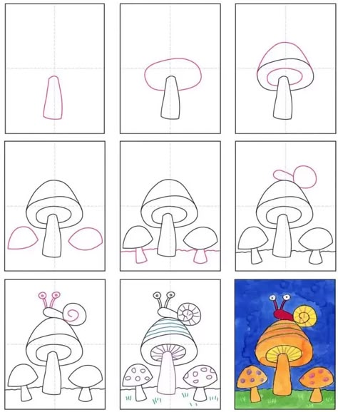 Proportion In Art Example, How To Draw Mushrooms, Draw Mushrooms, Draw A Mushroom, Mushroom Tutorial, Ako Kresliť, Mushroom Coloring, Mushrooms Art, Drawing Lessons For Kids