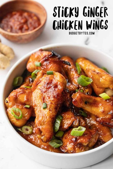 These sticky ginger chicken wings are sweet, spicy, and salty all in one bite. They're totally addictive and finger-licking delicious! BudgetBytes.com Ginger Chicken Wings, Honey Mustard Wings, Easy Sesame Chicken, Baked Chicken Recipes Healthy, Weekly Recipes, Healthy Baked Chicken, Budget Bytes, Dinner Plans, Ginger Chicken