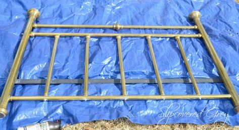 Brass Headboard Makeover, Rod Iron Bed, Painted Iron Beds, Gold Headboard, Brass Headboard, Spray Paint Furniture, Brass Bed Frame, Bed Makeover, Restoration Hardware Bedding