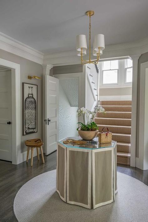 Hexagon Skirted Foyer Table with Glass Top - Transitional - Entrance/foyer Decoration Hall, Hexagonal Table, Table Skirts, Oak Wood Floors, Foyer Table, Entrance Foyer, Layered Rugs, Table Skirt, Entry Hall