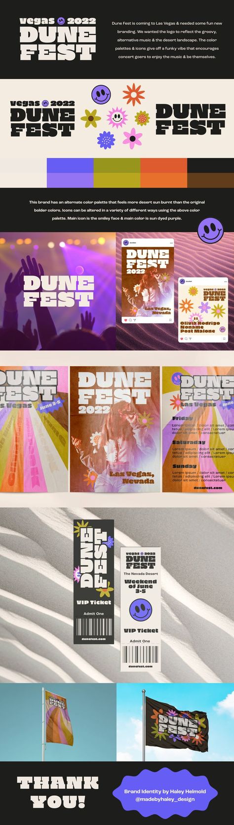 Dune Festival Brand Identity Design- Brand Designer. Dune Fest is coming to Las Vegas & needed some fun new branding. We wanted the logo to reflect the groovy, alternative music & the desert landscape. The color palettes & icons give off a funky vibe that encourages concert goers to be themselves. #brandingdesign #branddesigner #brandingandlogos #brandidenitity #brandidentitydesign #logodesigner #logoinspiration #brandinginspiration #branding #festivallogodesign #posterdesign #mockupdesign #logo Festival Identity Branding, Music Brand Identity Design, Music Festival Identity Design, Music Festival Logo Design Inspiration, Concert Color Palette, Festival Graphic Design Branding, Concert Branding Design, Fest Logos Design, Design Festival Branding