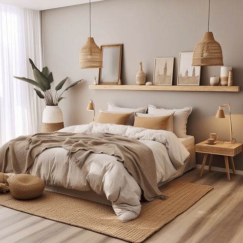 Chambre beige et blanc : nos idées et inspirations déco ! Beautiful Bed Designs, Design Ložnic, Decor Ideas Bedroom, Beige Bedroom, Bedroom Decor Inspiration, Stil Boho, Bedroom Bed Design, Bedroom Boho, Main Bedroom