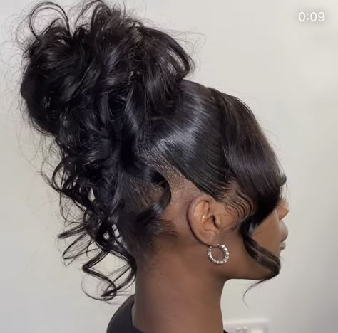 Pagent Hairstyles For Black Women, Curly Bun Updo With Side Bang, Pinned Up Hairstyles For Black Women, Baddie Updo Hairstyles, Messy Up Do, Messy Updo Black Women, Sleek Updo Hairstyles, High Bun Hairstyles For Black Women, Elegant Hairstyles For Black Women