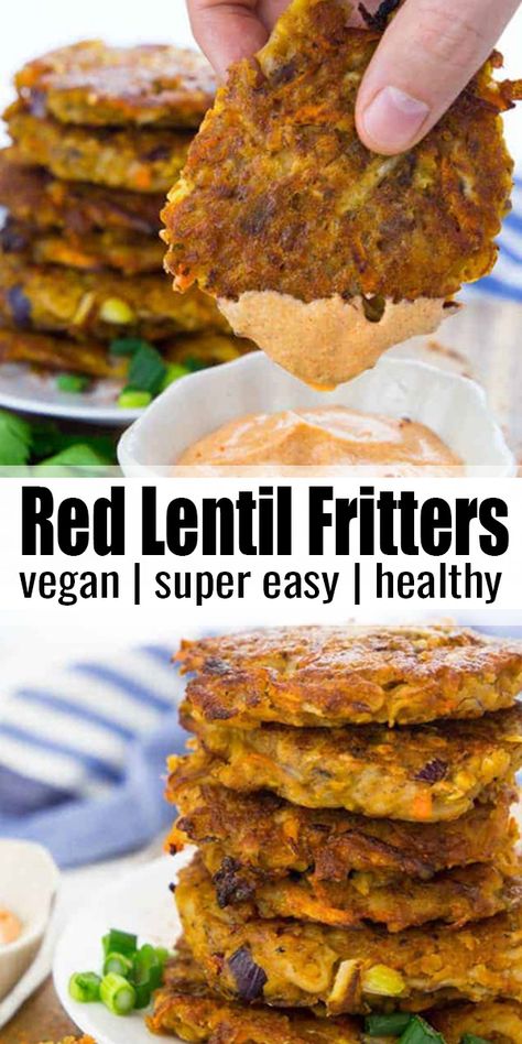 Red Lentil Fritters, Lentil Fritters, Vegan Dinner Recipes Easy, Potato Fritters, Red Lentils, Resep Diet, Easy Vegan Dinner, Tasty Vegetarian Recipes, Lentil Recipes