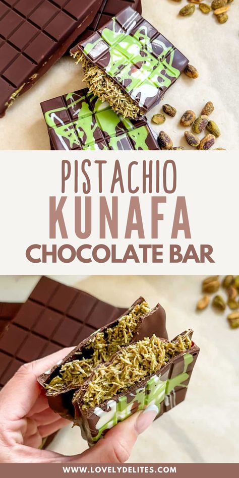 Learn how to make the Viral Pistachio Kunafa Chocolate Bar. This recipe combines dark chocolate, crunchy fried dough, and pistachio butter to create a delicious treat. And it is such a unique dessert to share! How To Make Dubai Pistachio Chocolate, How To Make Dubai Chocolate Bar, Pistachio Chocolate Bar Recipe, Pistachio Butter Recipe Desserts, Pistachio Knafeh Chocolate Bar, Dubai Viral Kunafa Chocolate Recipe, Pistachio Kunafa Chocolate Bar, Knafeh Chocolate Bar Recipe, Viral Pistachio Chocolate Dubai