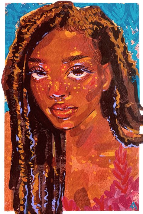 Gouche Painting Portrait, Amina Illustration, Art Gouache, A Level Art Sketchbook, Afrocentric Art, Gouache Art, Arte Inspo, Arte Sketchbook, Black Love Art