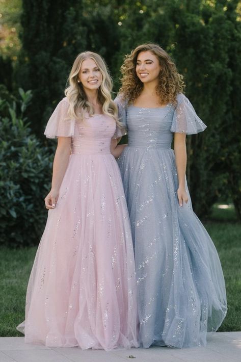 Modest Flowy Tulle Prom Dress Prom Dress With Flowy Sleeves, Prom Dress Flowy Sleeves, Blue Modest Prom Dresses, Light Blue Prom Dress Sleeves, Ball Gowns Modest, Butterfly Sleeve Prom Dress, Prom Dresses Long Elegant Flowy Ball Gowns, Prom Dresses Long With Sleeves Modest Gowns, Prom Dresses 2023 Long Modest