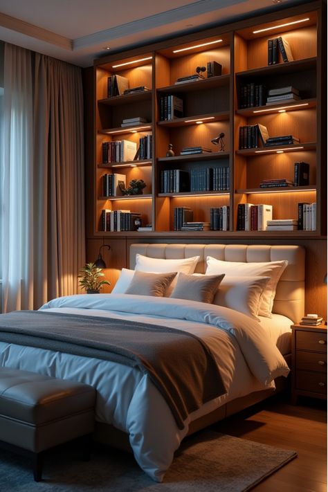 Bedroom with floor-to-ceiling bookshelf headboard and ambient lighting Build In Storage Bedroom, Built In Master Bed Headboard, Headboard Ideas Storage, Headboard With Lights And Shelves, Shelving Around Bed, High Storage Ideas, Headboard With Storage Ideas, Bookcase Behind Bed, Bookshelves Headboard