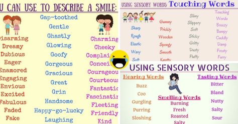 Descriptive Words List of Adjectives for Smiling, Hearing, Touching, Smelling. Good Descriptive Words, Sensory Words, Positive Adjectives, List Of Adjectives, Adjective Words, Words List, English Adjectives, Describing Words, Words To Describe Someone