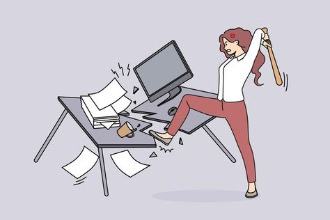 Angry woman employee crash office table suffer from nervous breakdown at workplace. Furious businesswoman break furniture in cabinet having burnout. Vector illustration. Angry Woman, Angry Women, Nervous Breakdown, Cityscape Photos, Logo Banners, Office Table, Mental And Emotional Health, Marketing Design, Custom Illustration