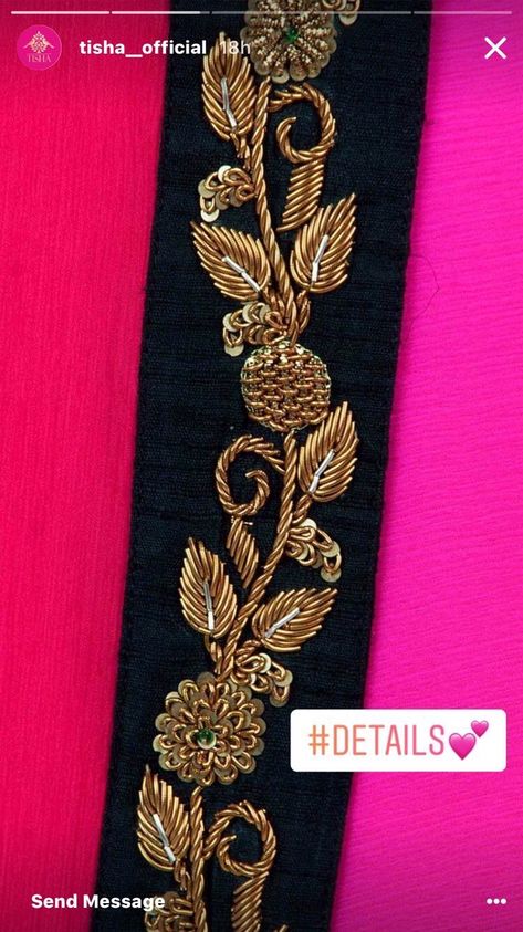 Hand Embroidery Dabka Work, Jardosi Work Design In Dress, Jardosi Work Design On Blouse, Aari Jadai Design, Gold Work Embroidery Blouse, Handwork Belt Design, Hand Work Zardosi Border, Zardozi Work Suits, Jardoshi Work Design