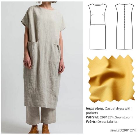 Kimono Pattern Sewing, Pdf Sewing Patterns Free, Loose Fit Dress Pattern, Pocket Dress Pattern, Clothing Sewing Patterns, Canvas Clothing, Linen Dress Pattern, Basic Dress Pattern, Dressmaking Patterns