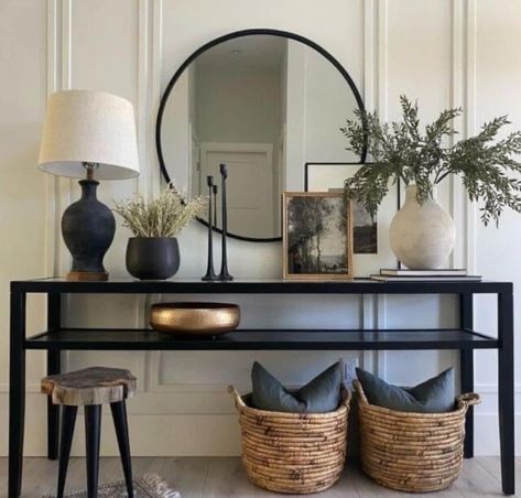 Black Entrance Console, Entry Way Black Table, Black Entrance, Front Entryway Decor, Black Entryway Table, Hallway Tables, Entrance Console, Console Table Entryway, Mirror Side Table