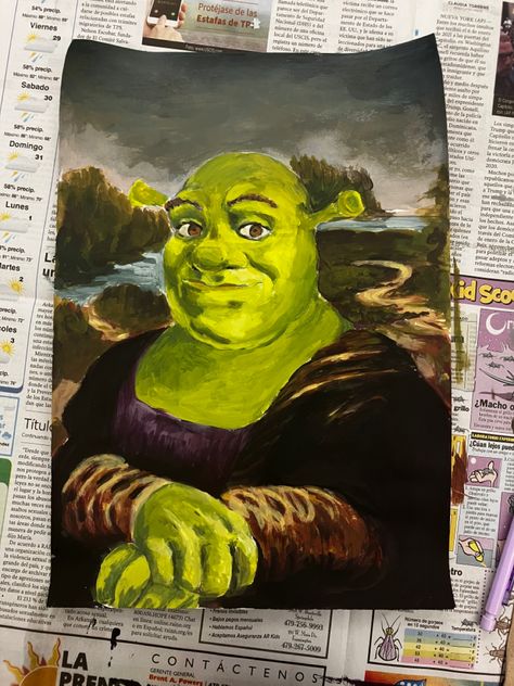 Shrek Mona Lisa, Shrek Paintings Canvas Easy, Shrek Drawing Funny, Shrek Canvas Painting, How To Draw Shrek, Big Sketchbook Ideas, Shrek Decorations Diy, Shrek Sketch, Shrek Crafts