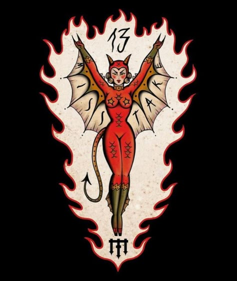 Hell Tattoo Ideas, Body Wall Art, Tattoo Dream, Care Bear Tattoos, Traditional Tattoo Old School, Traditional Tattoo Inspiration, Halloween Flash, Devil Tattoo, Devil Girl