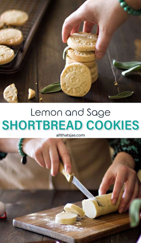 Who doesn't love a cookie? This delicious lemon sage shortbread cookies are the perfect treat for whatever your occasion. Your family will love them. | allthatsjas.com | #cookies #lemon #sage #herb #shortbread #fromscratch #bake #easy #allthatsjas #recipes #cookiestamp #dessert #snack #treat #sweets Herb Shortbread, Cookies Lemon, Shortbread Cookies Recipe, Sage Herb, Bake Easy, Shortbread Cookie Recipe, Snack Treat, Drop Cookies, Lemon Cookies