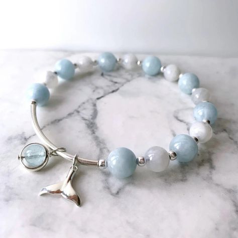 Beautifully handmade to order, with authentic Aquamarine and Moonstone gemstones, this striking bracelet features a polished 925 silver beaded design. Exude elegance and add a personal touch with this customisable gemstone bracelet. 🦋 Crystals For Protection, Powerful Crystals, Positive Intentions, Nice Night, Silver Beaded Bracelet, Mermaid Bracelet, Custom Bracelet, 925 Silver Bracelet, Silver Bead Bracelet