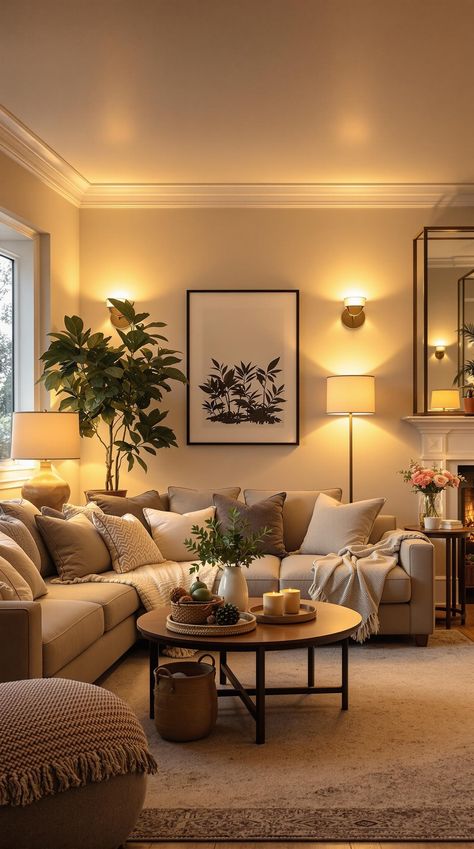 Cozy Lighting Living Room Uplights Living Room, Hygge Living Room Lighting, Light And Cozy Living Room, Cosy Living Room Lighting, Warm Lights Living Room, Cozy Living Room Lighting Ideas, Cosy Lighting Living Room, Cozy Lamps Living Room, Warm Room Lighting