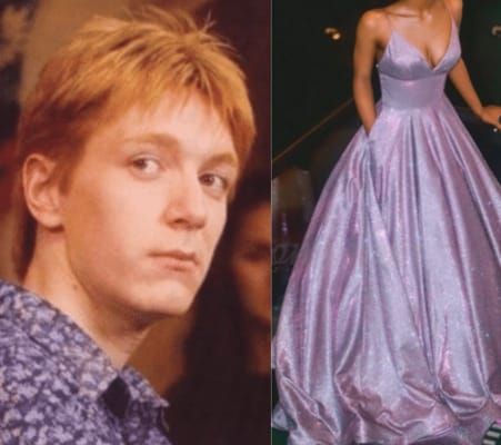 George Weasley Yule Ball Outfit, Hufflepuff Dress Yule Ball, George Weasley Yule Ball, Hogwarts Yule Ball Dresses, Yule Ball Dress Hufflepuff, Harry Potter Yule Ball Dresses, Yule Ball Dress Aesthetic, Harry Potter Aesthetic Outfits, Ball Dress Aesthetic