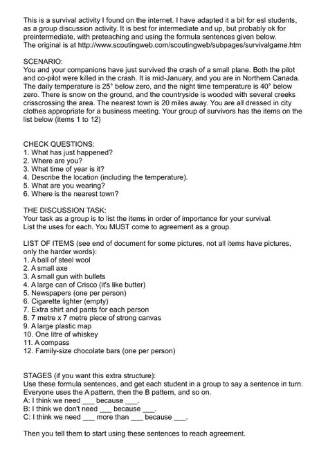 Survival Discussion Activity (Plane Crash in Canada) Staff Retreat, Life Skills Worksheets, Day Camp Ideas, Modal Verbs, Group Discussion, English Expressions, Leadership Activities, Off Grid System, Life Coach Training