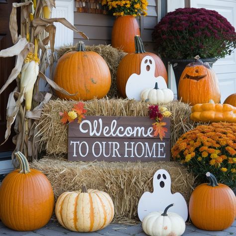 Transform your porch into a warm and inviting autumn haven! This charming setup features a rustic wooden sign reading "Welcome to Our Home," setting the tone for friendly gatherings. Adorned with pumpkins in various sizes, fluffy hay bales, and vibrant cornstalks, the scene bursts with seasonal spirit. Colorful mums add a touch of floral beauty, while playful wooden ghosts sprinkle in some whimsical fun.🍂🎃🌼 #FallDecor #CozyVibes #AutumnDesign #HomeSweetHome Hay And Pumpkin Porch Display, Pumpkin Porch, Mums In Pumpkins, Fall Mums, Porch Pumpkins, Cozy Outdoor, Rustic Wooden Sign, Welcome To Our Home, Outdoor Display