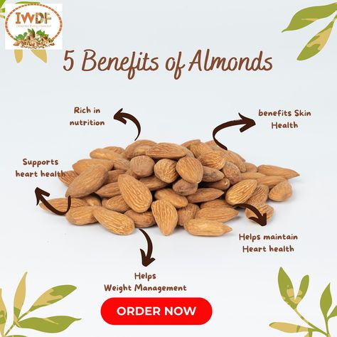 Discover the Power of Almonds! Elevate your health with 5 key benefits in every bite. Order now to enjoy nature’s superfood! . . . . . . [almond benefit, heart health, skin nutrition] . . . #AlmondBenefits #HealthySnacks #HeartHealth #SkinCare #weightmanagement Almond Oil Benefits, Almond Benefits, Skin Nutrition, Oil Benefits, Enjoy Nature, Heart Health, Weight Management, Health And Nutrition, Order Now