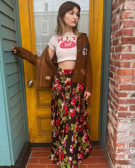 izzy walls !! | an outfit for frolicking & mudlarking 📿 1950s M.I.T. college baby tee, 1940s rayon jersey floral maxi skirt, 1939 school “Cravenette”… | Instagram Vintage Fitted Full Maxi Skirt, Unif Skirt, Unif Midi Skirt, Unif Maxi Skirt, 70s Floral Skirt, Floral Maxi Skirt, Baby Tee, Floral Maxi, Infant Tees