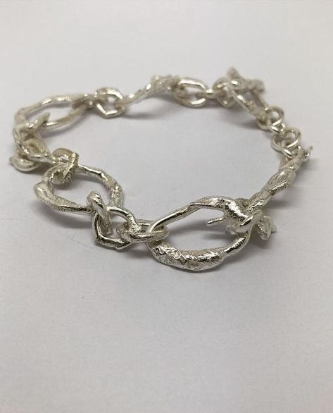 Silver Metal Chain Bracelet With Clasp, Metal Chain Bracelet With Sterling Silver Clasp, Luxury Handmade Sterling Silver Chain Bracelet, Handmade Silver Chain Link Bracelet, Molten Silver Jewelry, Handmade Chain Jewelry, Silver Jewels, Jewelry Inspo, Metal Sculpture