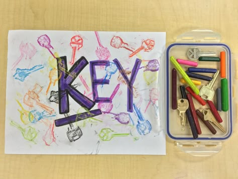 K is for key  Letter k craft Preschool Key rubbing Crayon transfer rub K Is For Key Craft, Key Activities For Preschool, Key Craft Preschool, K Preschool Crafts, King Craft Preschool, Letter K Sensory Bin, Letter K Preschool Crafts, K Is For Craft, K Is For