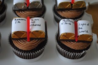 Juli Jacklins Cupcakes Scripture Mastery cupcakes Christian Cupcakes Ideas, Bible Cupcakes, Christian Cupcakes, Noahs Ark Cake, Novelty Cupcakes, Scripture Mastery, School Cupcakes, Anniversary Cupcakes, Frosted Cupcakes