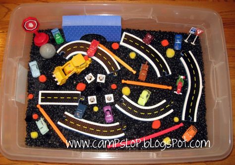 Camp Slop: Cars Sensory Bin Transportation Theme Preschool, Transportation Unit, Sensory Tubs, Sensory Tub, Transportation Preschool, Transportation Theme, Sensory Boxes, Sensory Table, Car Themes