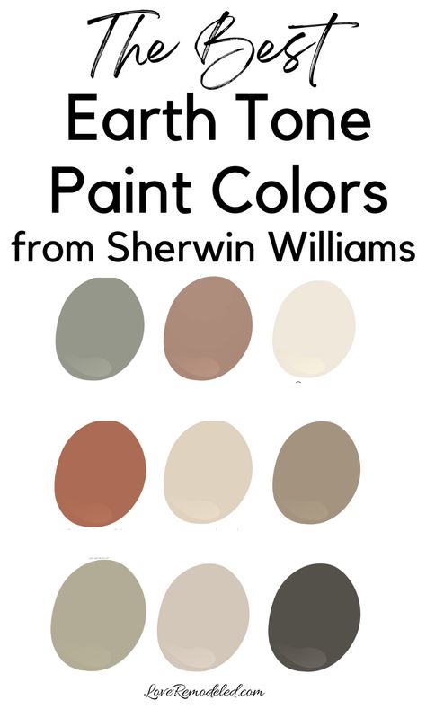 Earth tone paint colors are shades that hearken the appeal of nature. Among other colors, earthy paint colors consist of ruddy reds, clay toned oranges, soft beige and tans, and sage greens. Check out Sherwin Williams best earth tone paint colors for a kitchen, living room, bedroom, office and more. Natural Home Paint Colors, Earthy Living Room Colors, Earth Tone Mudroom, Warm Paint Colors Sherwin Williams, Earth Tone Cabinets, Oak Creek Sherwin Williams, Earth Tone Living Room Paint, Sw Retreat Color Palette, Earthy Colors Bedroom