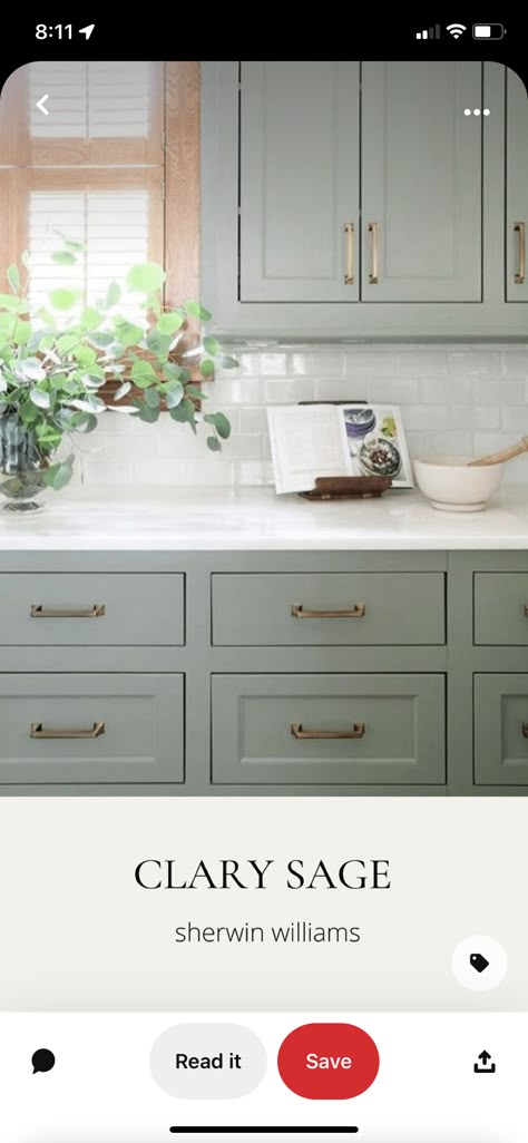 Sage Kitchen, Sage Green Kitchen, Living Room Wall Color, Cabinet Paint Colors, Green Cabinets, Kitchen Cabinet Colors, Clary Sage, Kitchen Redo, Updating House