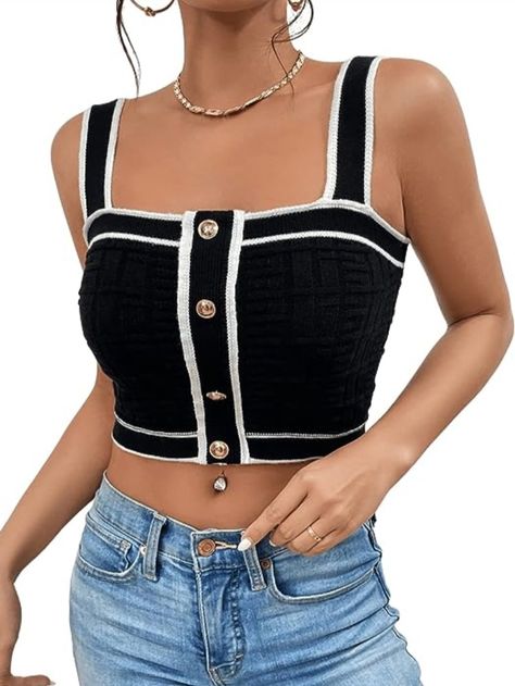 SweatyRocks Women's Sleeveless Ribbed Knit Spaghetti Strap Crop Cami Tank Top Knitted Camisole, Knitted Crop Tank Top, Chique Outfit, Top Shein, Womens Camisoles, Chic Type, Estilo Chic, Trim Top, Knitted Tops