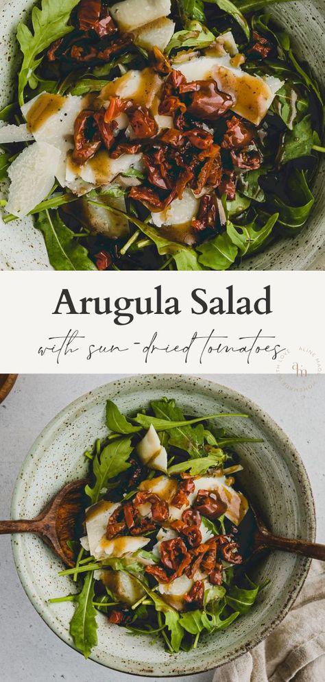 Arugula Salad With Sun Dried Tomatoes, Arugula Sun Dried Tomato Salad, Salad Sun Dried Tomatoes, Arugula Parmesan Salad, Sun Dried Tomato Salad, Pretty Salads, Sundried Tomato Salad, Salad With Sundried Tomatoes, Salad With Sun Dried Tomatoes