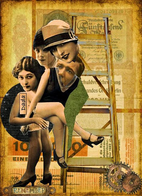 Louise Brooks ‘DaDa’ collage art by Marie with 1920’s Weimar Banknotes, a ladder signifies the climbing inflation and machine gears indicating the slowdown of the economy. Inspired by the master DaDa artistic Hannah Hoch. Hannah Hock, Hannah Hoch Collage, Dadaism Art, Hannah Hoch, John Heartfield, Dada Artists, Dada Collage, Dada Movement, Degenerate Art