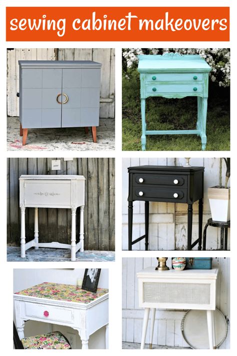 Sewing Machine Cabinet Makeovers With Before And After Photos Sewing Cabinet Redo, Sewing Cabinet Makeover, Black Distressed Furniture, Old Sewing Cabinet, Modern Sewing Machines, Sewing Cabinets, Redo Cabinets, Sewing Machine Cabinet, Painting Old