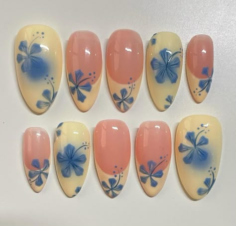 Nail Design Drawing, Blue And Pink Nail Designs, Nail Art Designs Flowers, Summer Nail Sets, Monet Nails, Nails Flower Design, Nails Summer Almond, Flower Nail Design, Pink Flower Nails