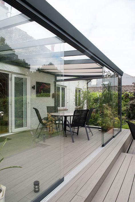 Glass Outdoor Patio, Glass Covered Courtyard, House Terrace Design, Garden Extension, Terrace Glass Room Ideas, 3 Season Room Ideas Patio Enclosures, Glass Terrace, Glass Home, Glass Veranda