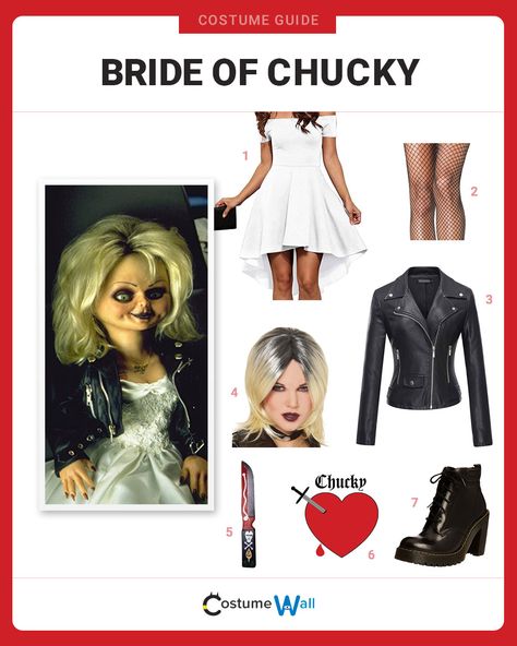 Terrify your friends with this rocking Bride of Chucky costume, as played by Jennifer Tilly in Bride of Chucky. Tiffany Bride Of Chucky Costume, Tiffany Halloween Costume, Slasher Costume, Bride Of Chucky Halloween, Chucky Outfit, Chucky And Tiffany Costume, Bride Of Chucky Makeup, Chucky Halloween Costume, Tiffany Bride Of Chucky